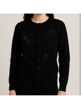 Vintage Michelle Simon cardigan button up sweater black beaded embellishments M